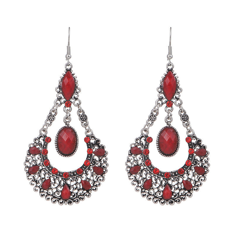 Water Droplets, Black Large Fan-shaped Rhinestone Earrings