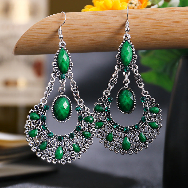 Water Droplets, Black Large Fan-shaped Rhinestone Earrings