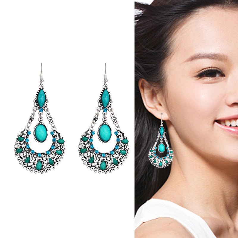 Water Droplets, Black Large Fan-shaped Rhinestone Earrings