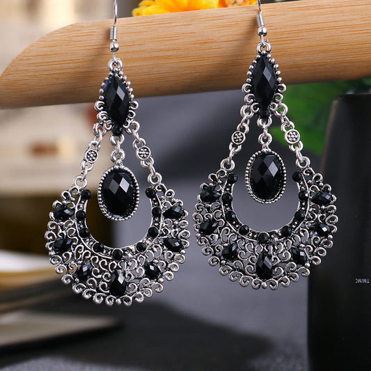 Water Droplets, Black Large Fan-shaped Rhinestone Earrings