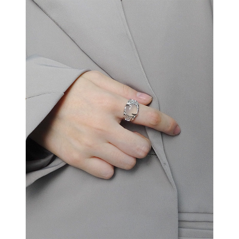 Moonlight Series Agate Opening Ring Sterling Silver S925 Female