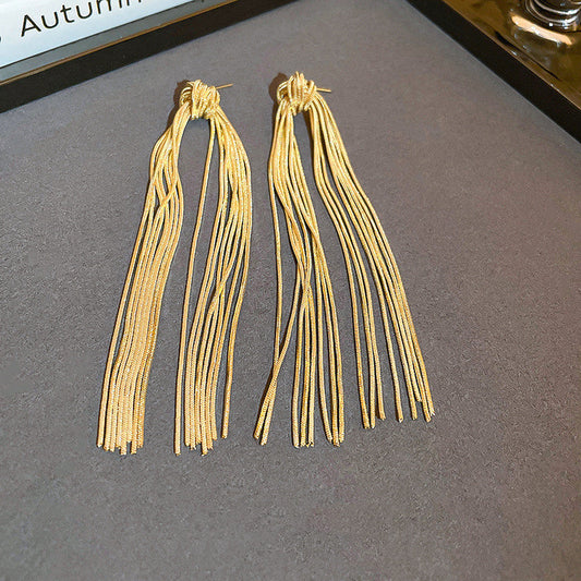 Silver Post Knotted Long Chain Tassel Earrings