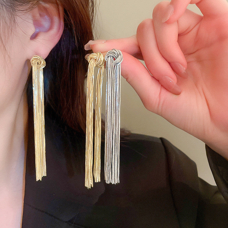 Silver Post Knotted Long Chain Tassel Earrings