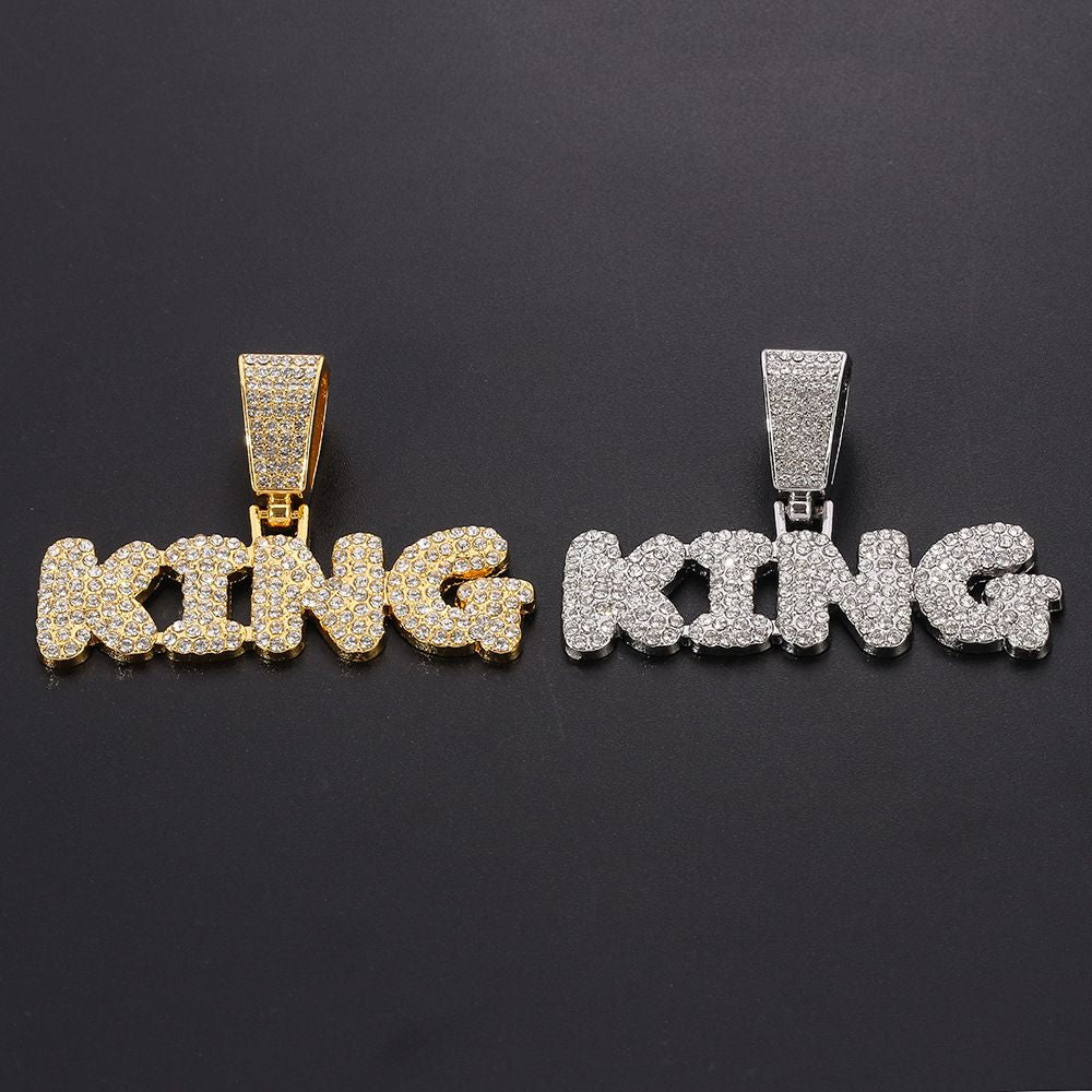 Hip Hop Diamond King Letter Pendant Necklace Cuban Chain Men Rapper Jewelry Accessories