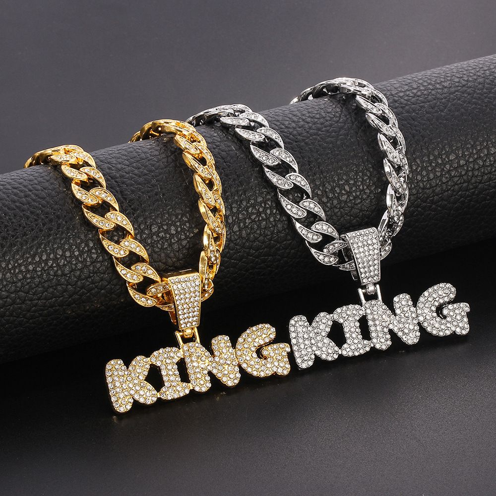 Hip Hop Diamond King Letter Pendant Necklace Cuban Chain Men Rapper Jewelry Accessories