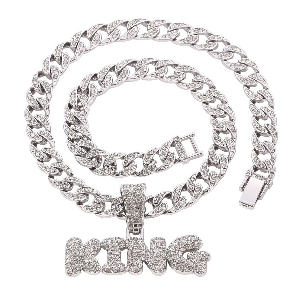 Hip Hop Diamond King Letter Pendant Necklace Cuban Chain Men Rapper Jewelry Accessories