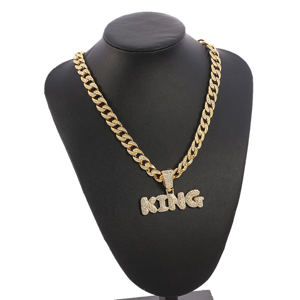 Hip Hop Diamond King Letter Pendant Necklace Cuban Chain Men Rapper Jewelry Accessories
