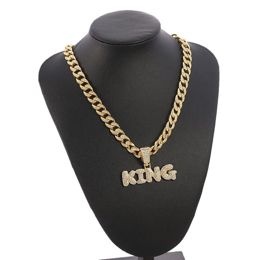 Hip Hop Diamond King Letter Pendant Necklace Cuban Chain Men Rapper Jewelry Accessories