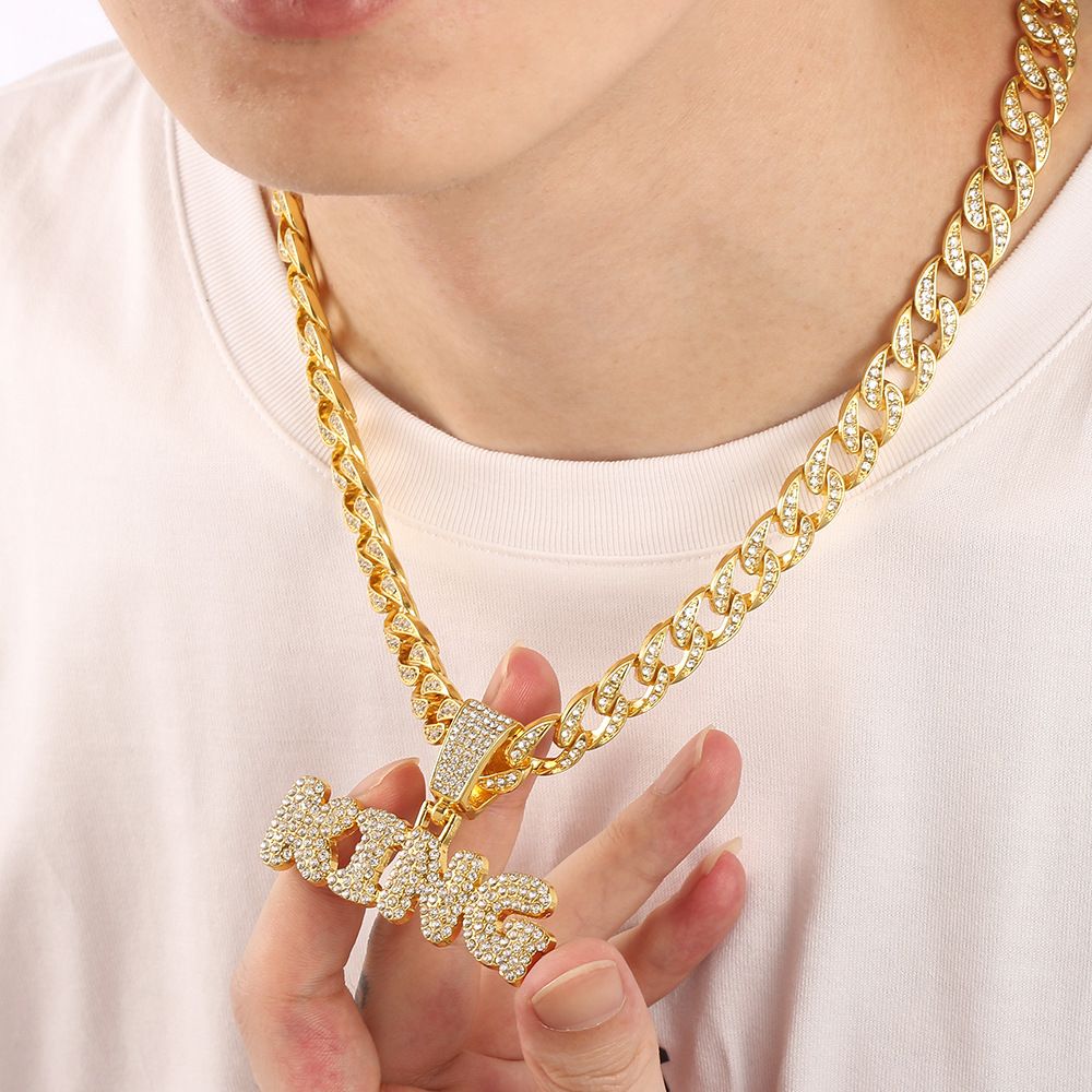 Hip Hop Diamond King Letter Pendant Necklace Cuban Chain Men Rapper Jewelry Accessories