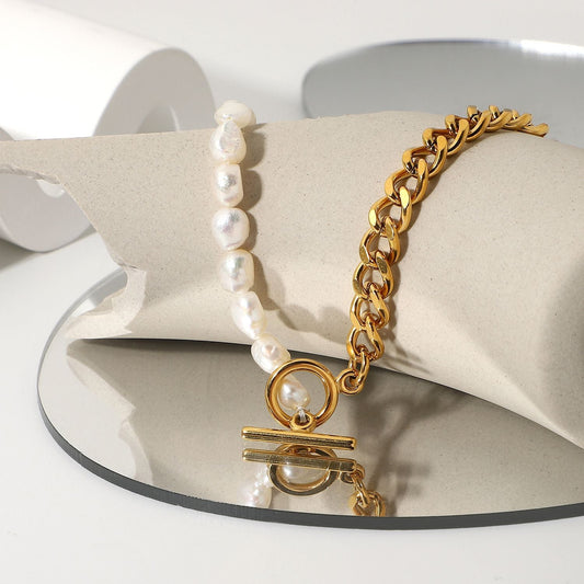 Classical Style Ot Buckle Cuban Chain Freshwater Pearl Necklace Stainless Steel Half Chain Half Pearl Stitching Connected Necklace Female