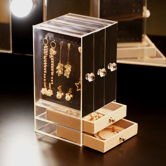 Women Portable Necklace Bracelet Organizer Case Earrings Ring Display Stand Shelf Dustproof Acrylic Jewelry Storage Box Drawer